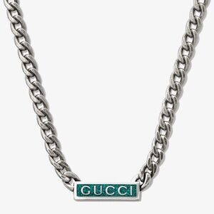 GUCCI Sterling Silver Logo Plaque Chain Necklace NWOT